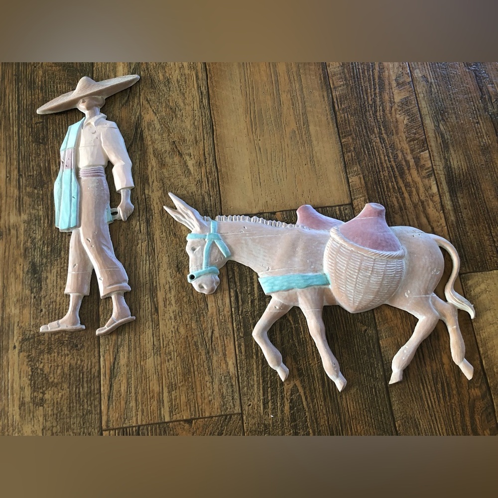 Vintage Southwestern Cast Iron Wall Decor Farmer With Donkey Mule, Aztec Arizona